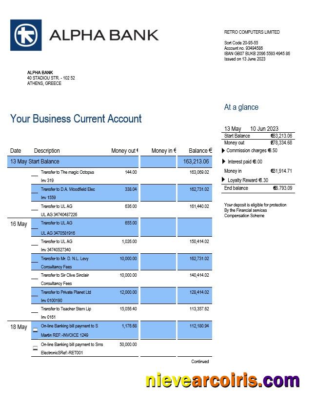 Alpha Bank company checking account statement